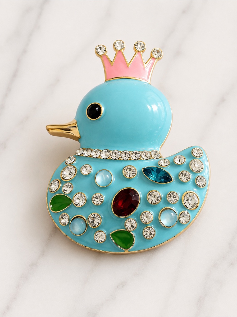 Turquoise Enamel Duck Brooch with Pink Crown and Multicolor Gems